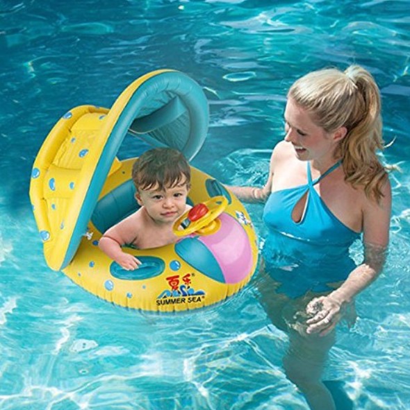 Swimtrainer Βρεφικό - Παιδικό Φουσκωτό Σωσίβιο με Τιμόνι - Λαβές & Σκίαστρο - Inflatable Swim Boat with Shade